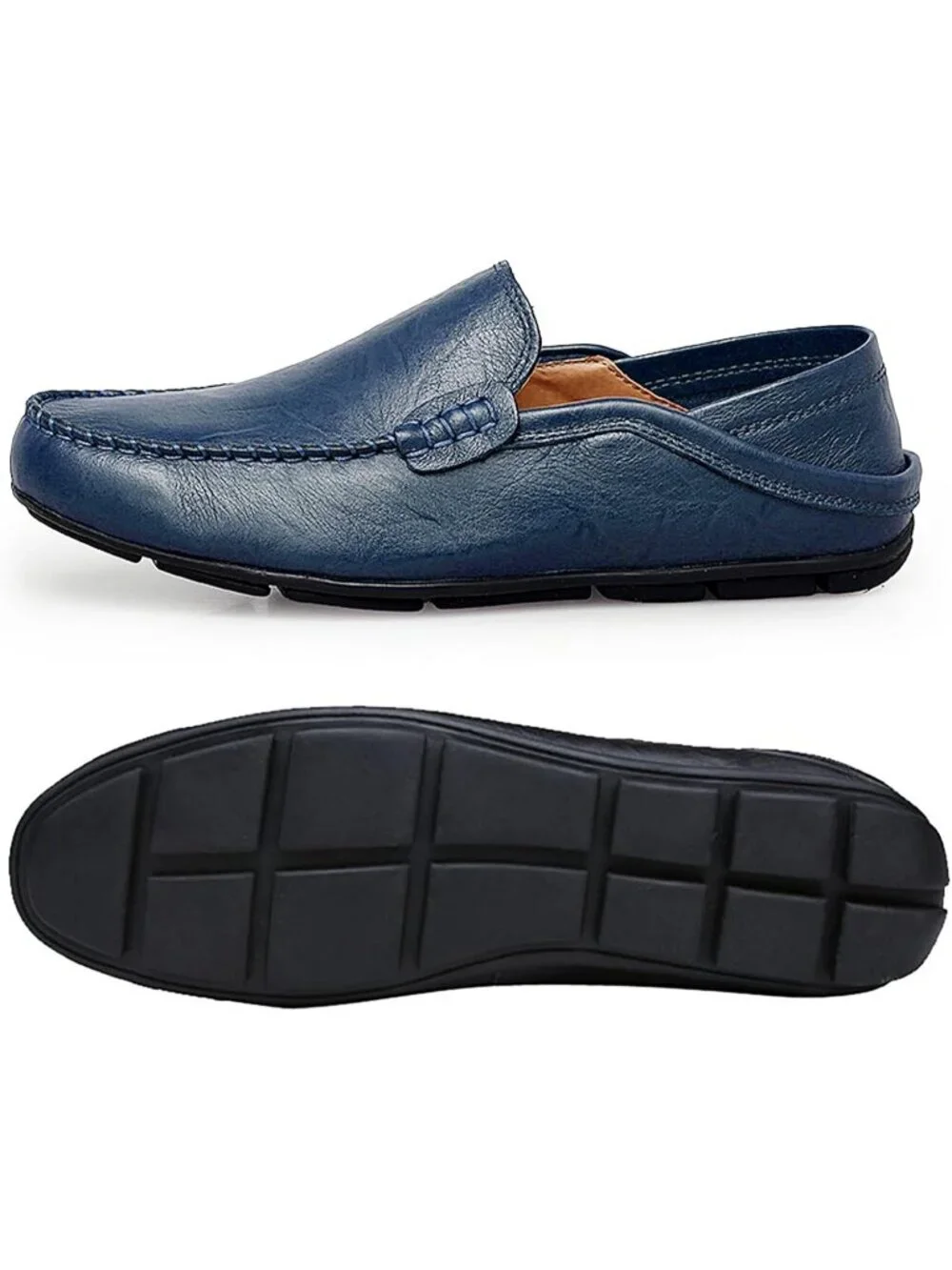 Men's Blue Leather Loafers Premium Genuine Slip On Breathable Casual Shoes